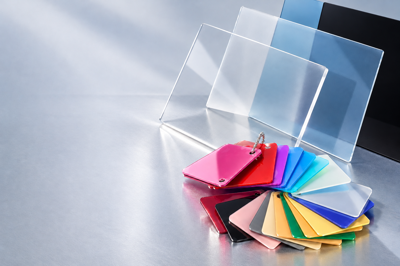 Colorful acrylic mirror samples with thin clear, frosted and black sheets — retouched studio illustration