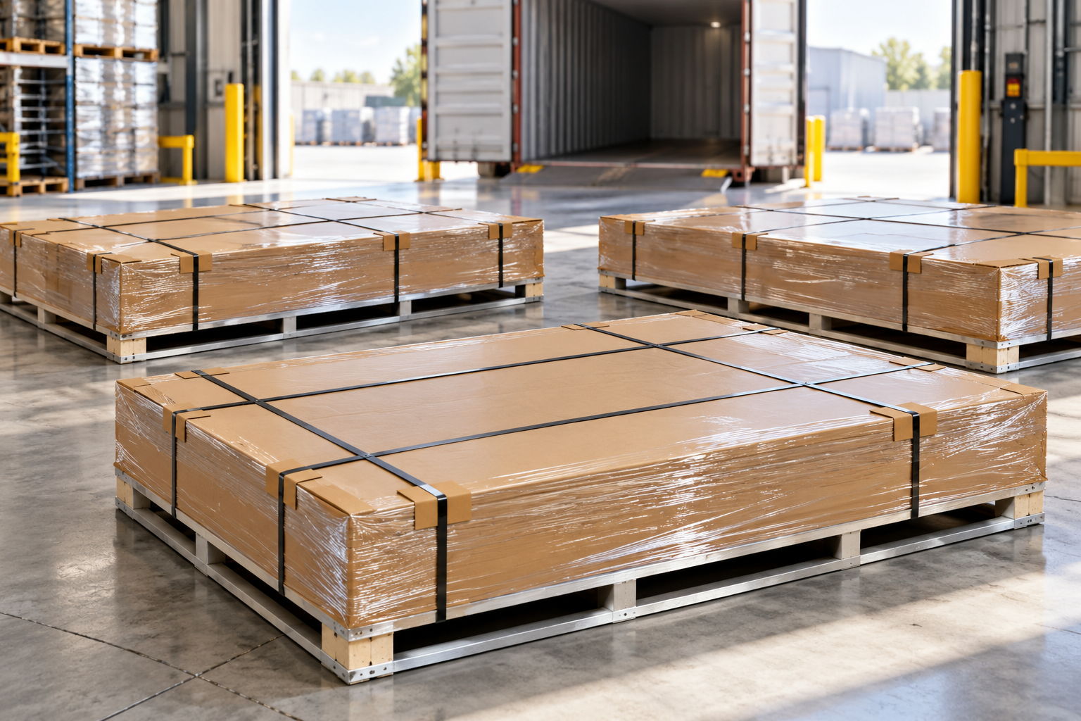 AI illustration of packaged sheet pallets in a dispatch area