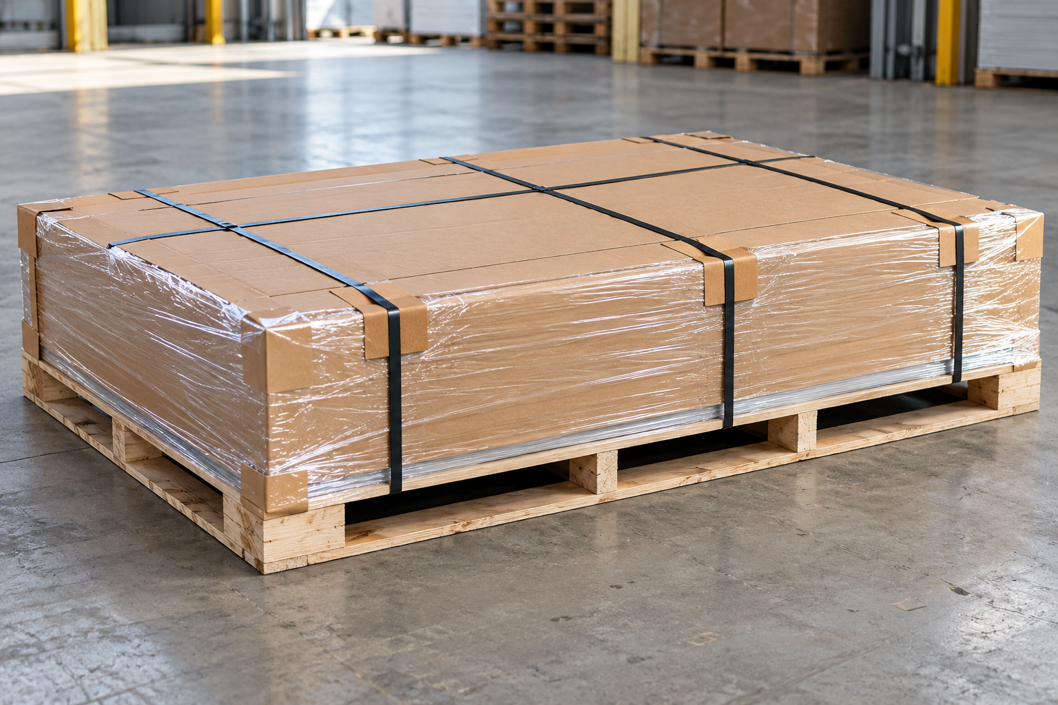 AI illustration of kraft-covered, wrapped and strapped acrylic sheet pallet